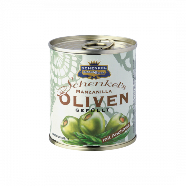 Schenkel Oliven "Manzanilla" grün, gefüllt mit Anchovis, aus Spanien, 85g (Abtropfgewicht)